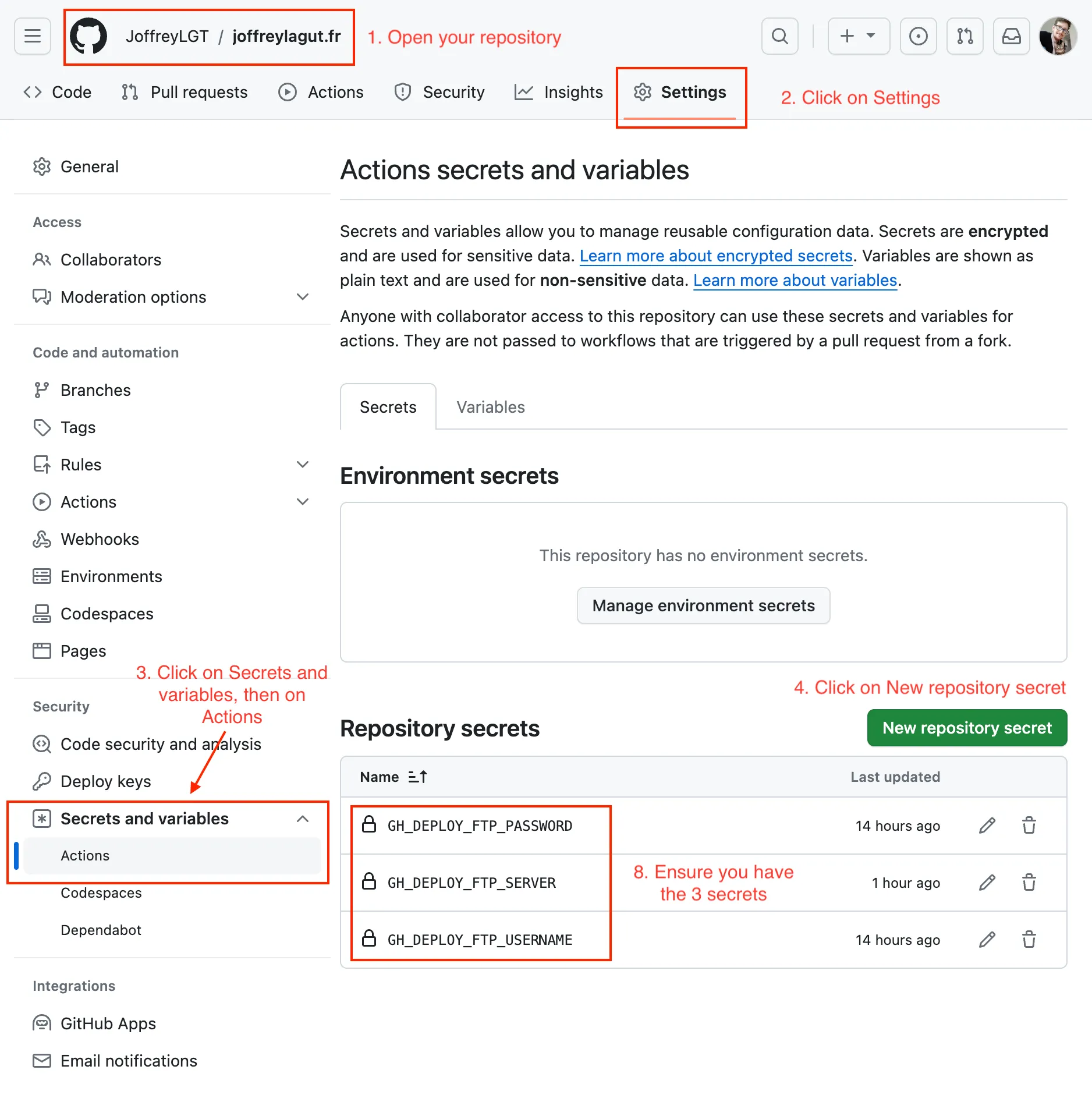 Github secrets configuration